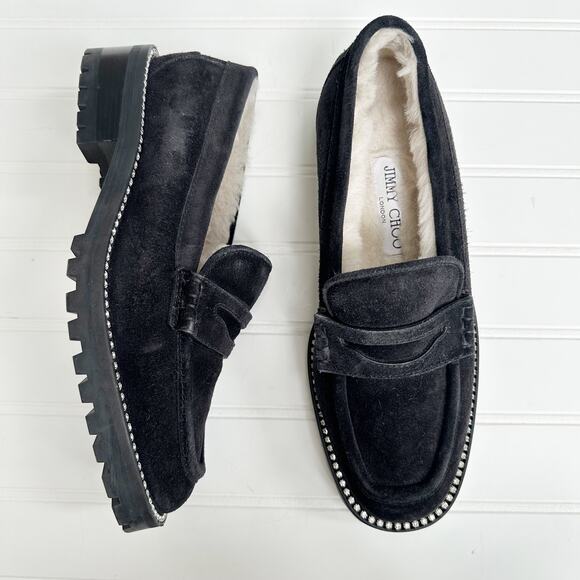 Jimmy Choo Deanna Shearling Lined Black Suede Crystal Loafers Slip On 37 - Picture 2 of 9